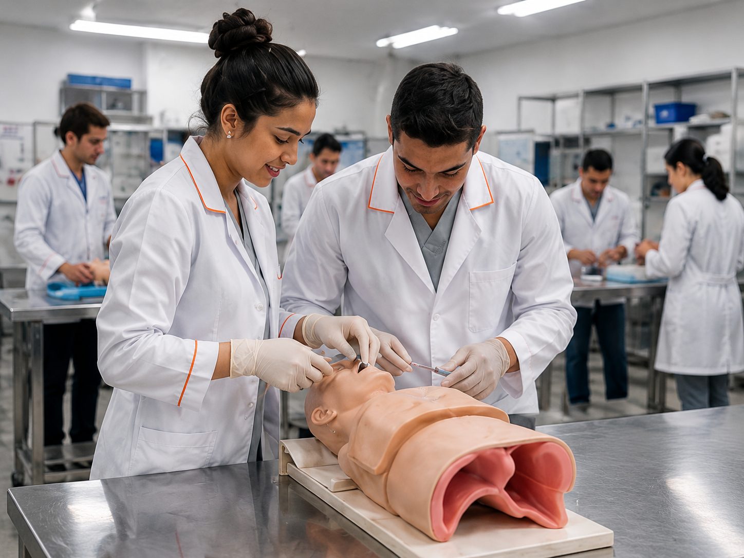 Alunos da Novetec em jaleco praticando procedimento em manequim de simulação no laboratório da escola