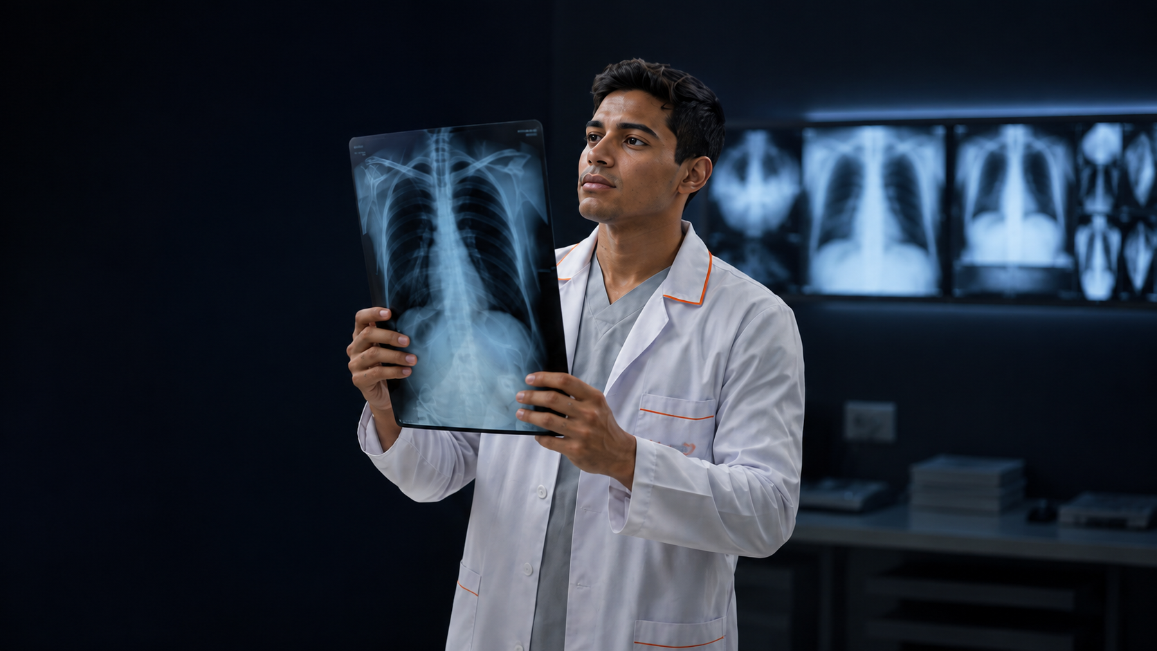 Estudante de radiologia analisando uma radiografia de tórax em sala de exames