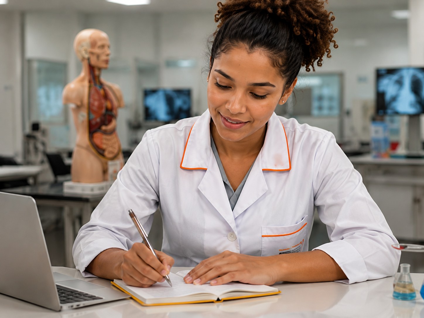 Estudante de saúde estudando com caderno e notebook em laboratório da escola técnica
