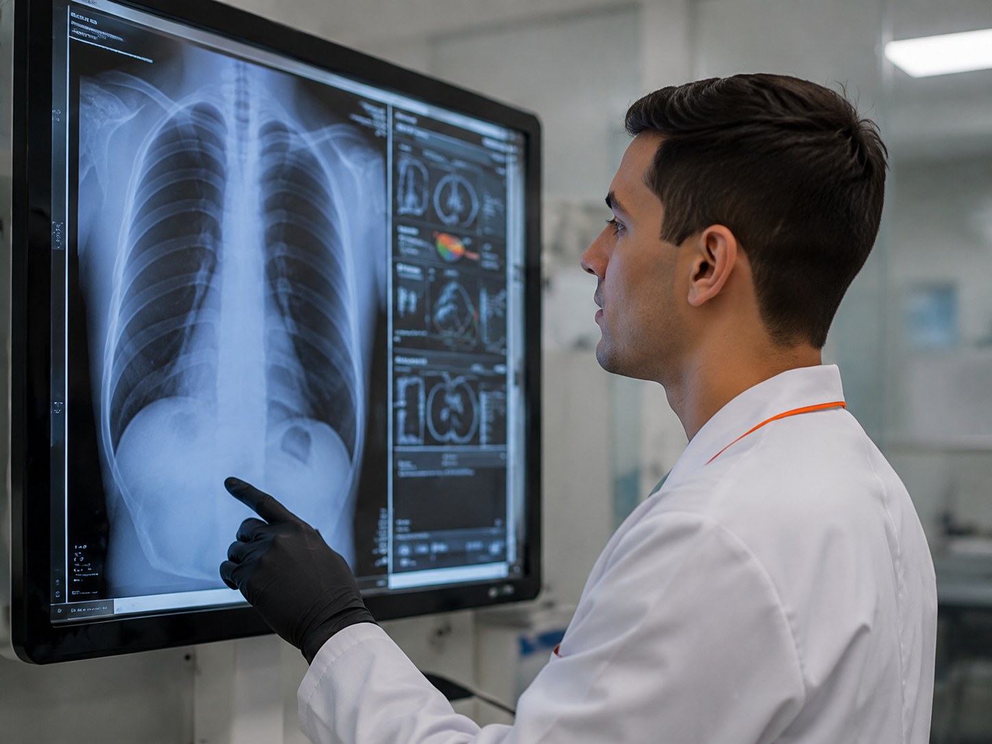 Técnico em radiologia avaliando imagem de raio-x