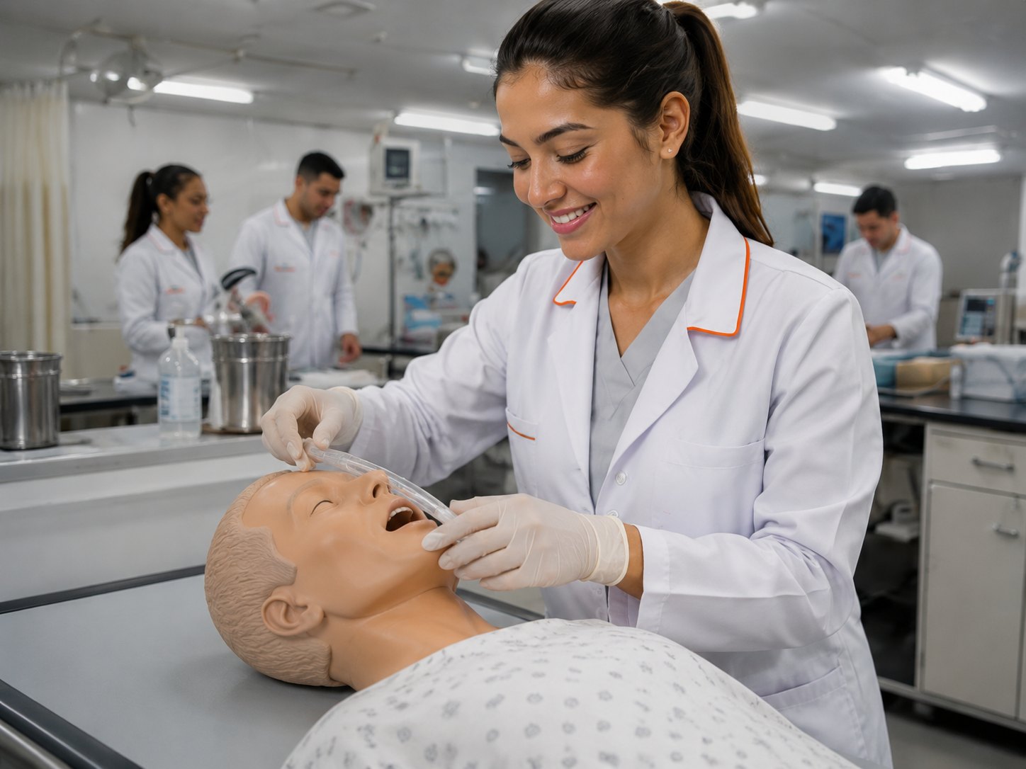 Estudantes de enfermagem em atividade prática de laboratório