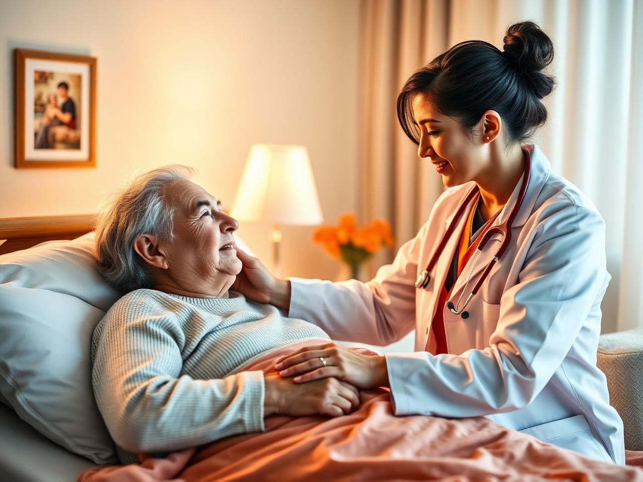 Profissional de home care atendendo paciente idoso