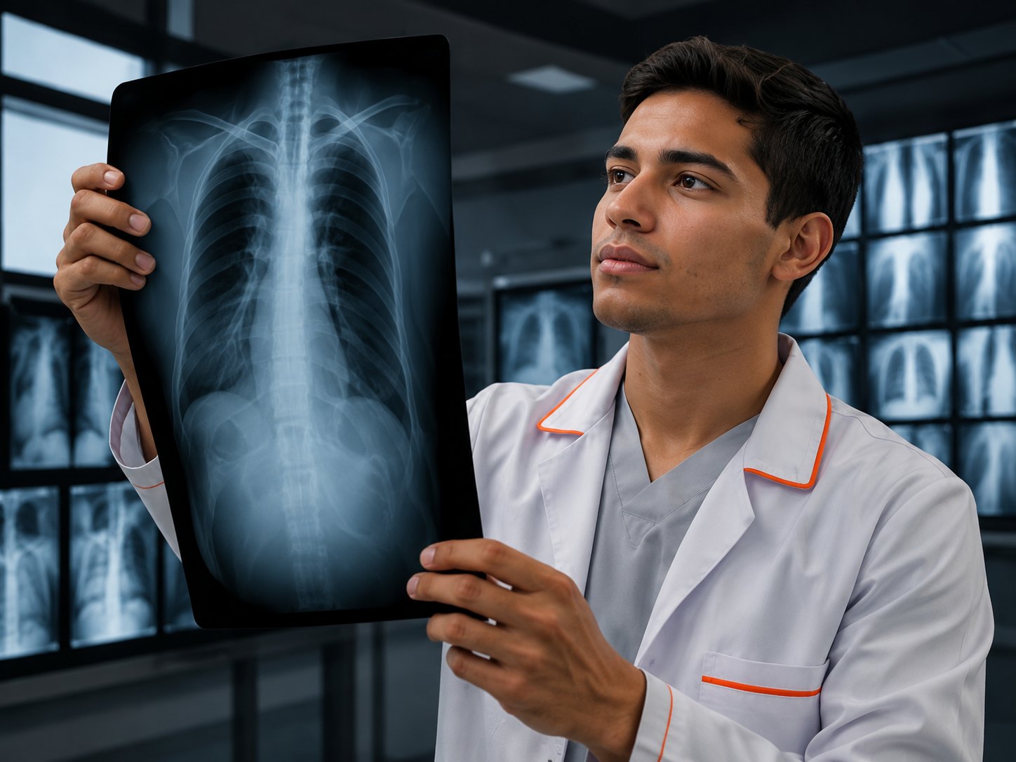 Estudante de radiologia observando uma radiografia de tórax