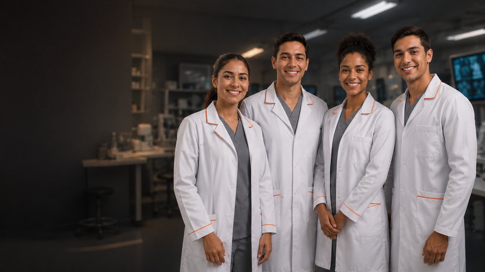 Estudantes de saúde da Novetec em jalecos brancos com viés laranja em laboratório de práticas