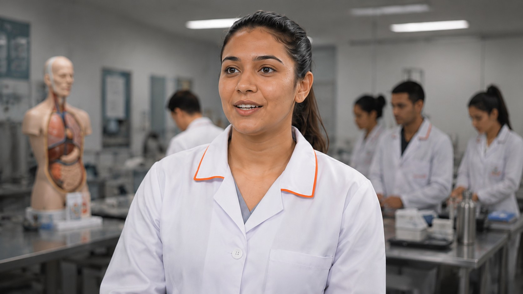 Estudante de enfermagem em jaleco branco com viés laranja falando em entrevista dentro do laboratório